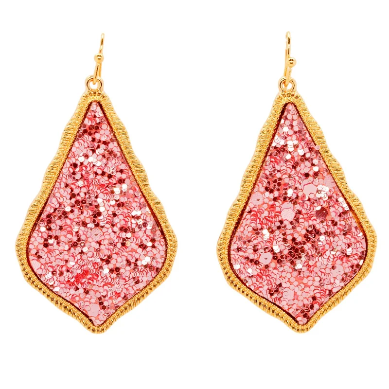 Magnetic Closure Drop Earrings for Easy -Gold Tone Teardrop Pink Glitter Drop Earrings