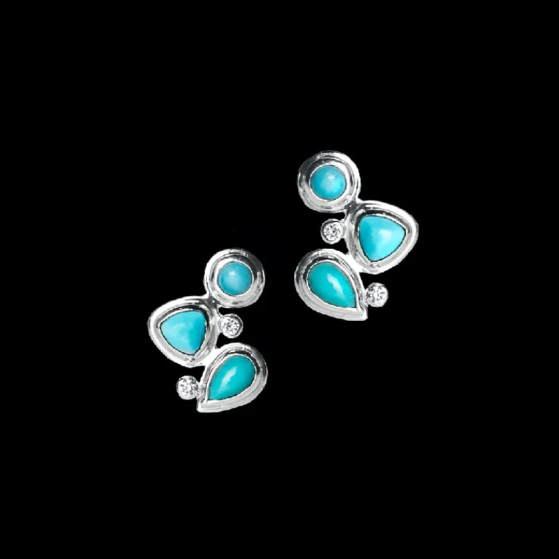 Minimalist Drop Earrings with Simplicity -Turquoise & Diamond Sterling Post Earrings, Mosaic 3 Stone