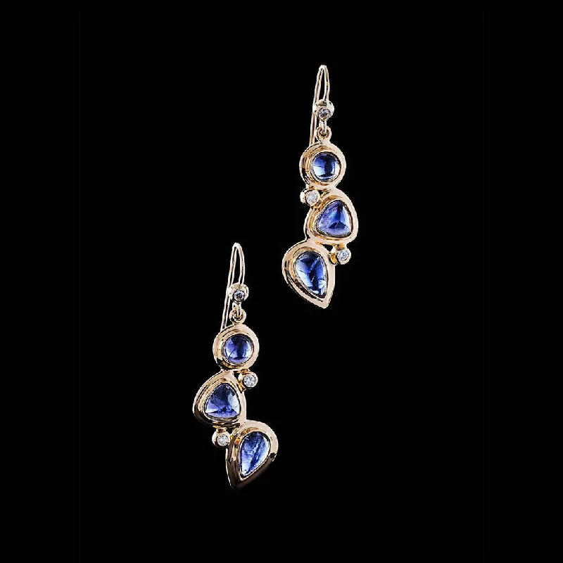 Drop Earrings for Engagement Party -Iolite & Diamond 18K Gold Drop Earrings, Mosaic 3 Stone