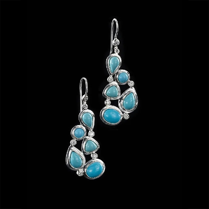 Drop Earrings for Anniversary -Turquoise & Diamond Sterling Drop Earrings, Mosaic 5 Stone