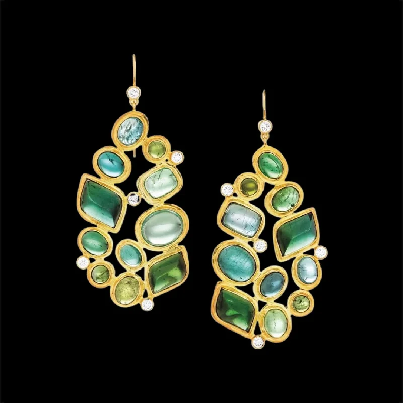 Drop Earrings for Everyday Glamour -Green Tourmaline & Diamond 18K Gold Drop Earrings, Mosaic 11 Stone