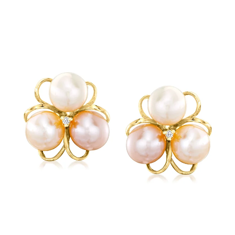 Drop Earrings for Anniversary -Ross-Simons 6.5-7mm Multicolored Cultured Pearl Flower Earrings With Diamond Accents in 18kt Gold Over Sterling