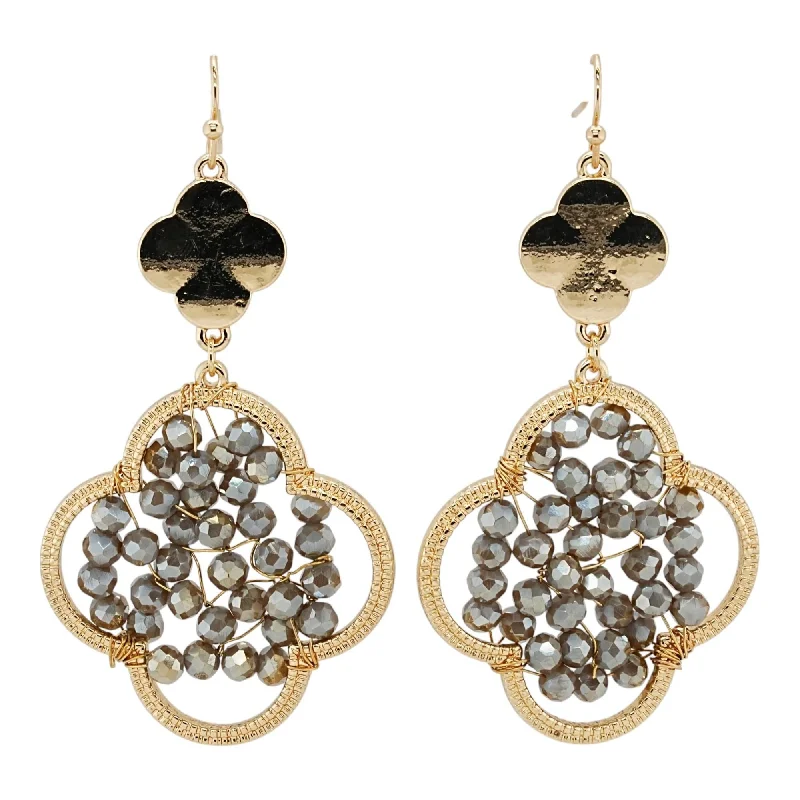 Drop Earrings for Everyday Glamour -Gold Tone Clover With Gray Beads Dangle Earrings