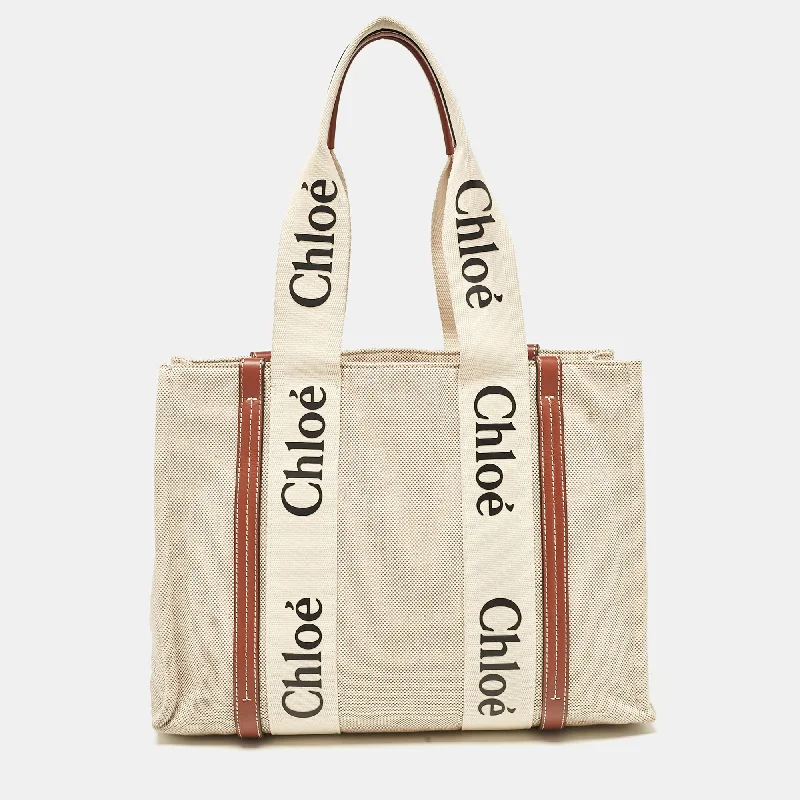 Handle bags with soft fabric for comfort -Chloe Beige/brown Canvas And Leather Medium Woody Tote