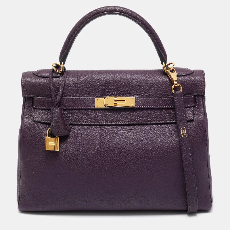 Handle bags with denim fabric for casual -Hermes Raisin Togo Leather Gold Finish Kelly Retourne 32 Bag