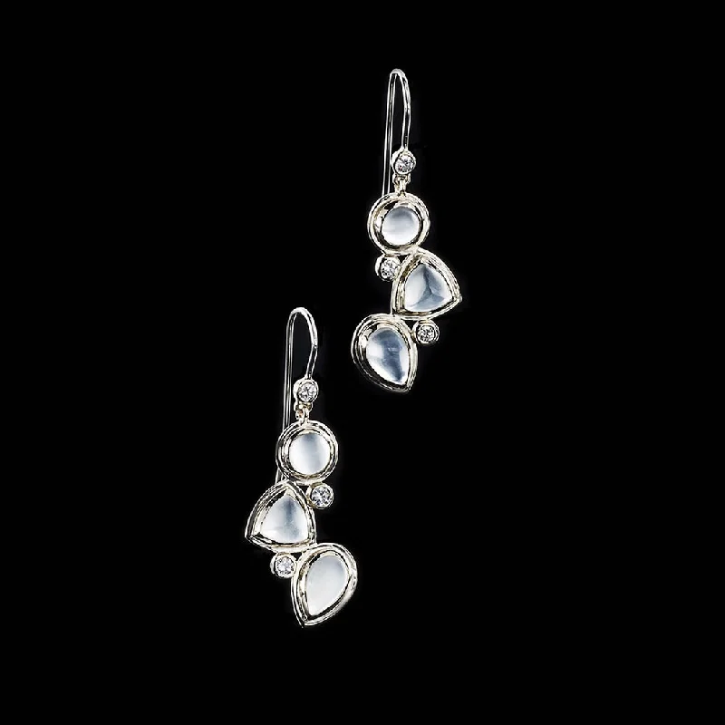 Drop Earrings with Etched Designs -Moonstone & Diamond Earrings, 18K White Gold, Mosaic 3 Stone