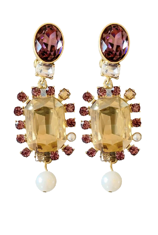 Hypoallergenic Drop Earrings for Sensitive -Champagne Crystal Drop Earrings with Pearls