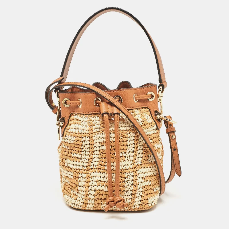 Handle bags with padded handles for comfort -Fendi Brown/beige Zucca Leather And Raffia Mini Mon Tresor Drawstring Bucket Bag