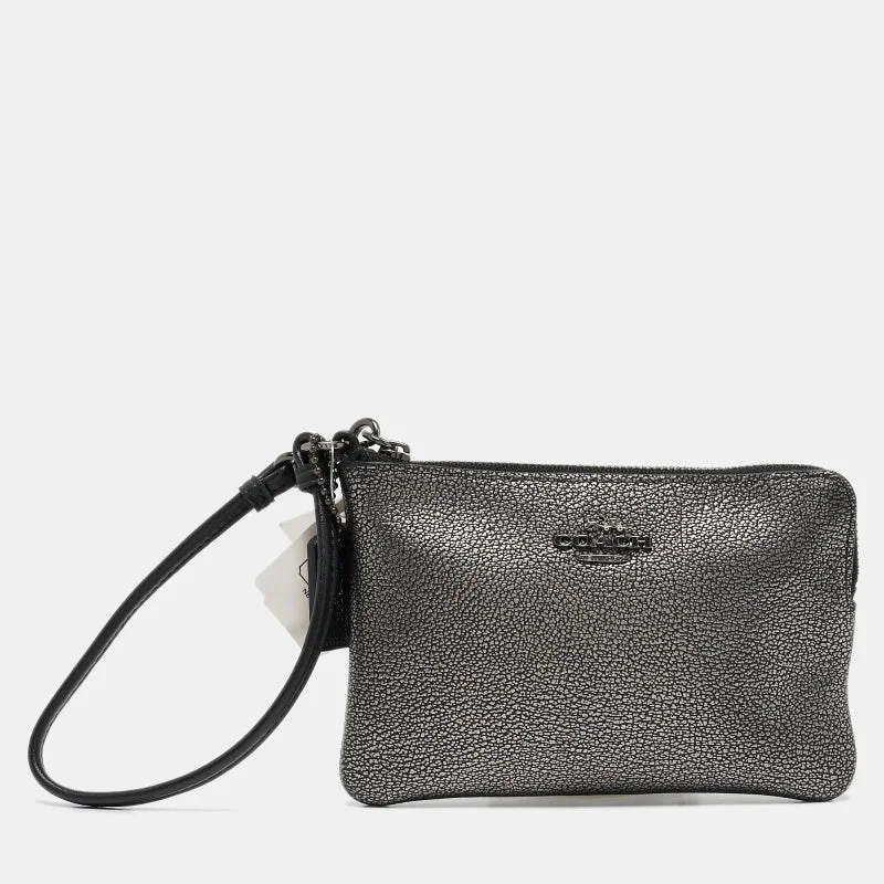 Handle bags with multi-color weaves for vibrancy -Coach Metallic Black Leather Zip Wristlet Clutch