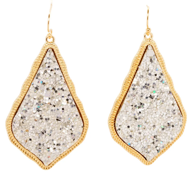 Drop Earrings for Christmas Party -Gold Tone Frame Silver Drusy Drop Earrings