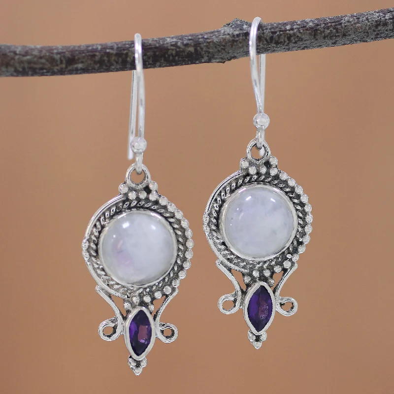 Gemstone and Diamond Drop Earrings for Opulence -Majestic Windows Rainbow Moonstone and Amethyst Dangle Earrings from India