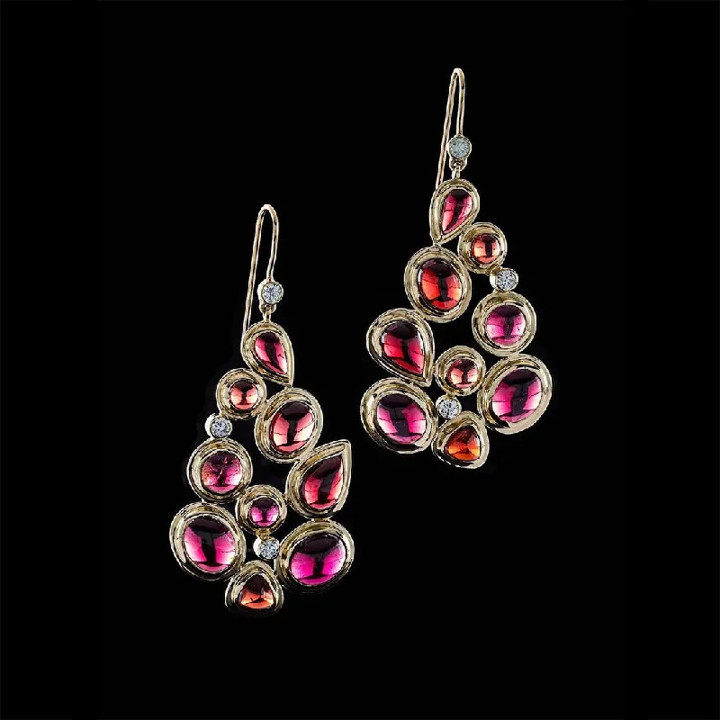 Drop Earrings for Concert Look -Garnet & Diamond 18K Gold Mosaic 9 Stone Earrings