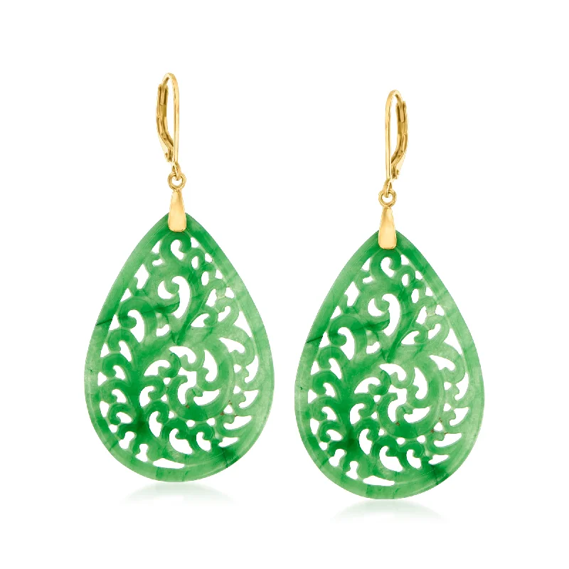 Detachable Drop Earrings with Charms -Ross-Simons Carved Jade Teardrop Earrings in 18kt Gold Over Sterling