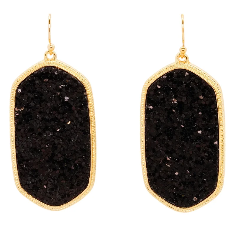 Drop Earrings with Hammered Finish -Gold Tone Frame Black Drusy Drop Earrings