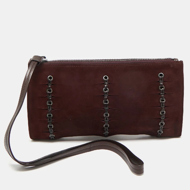 Foldable handle bags for easy storage convenience -Gucci Burgundy Suede Eyelet Wristlet Clutch