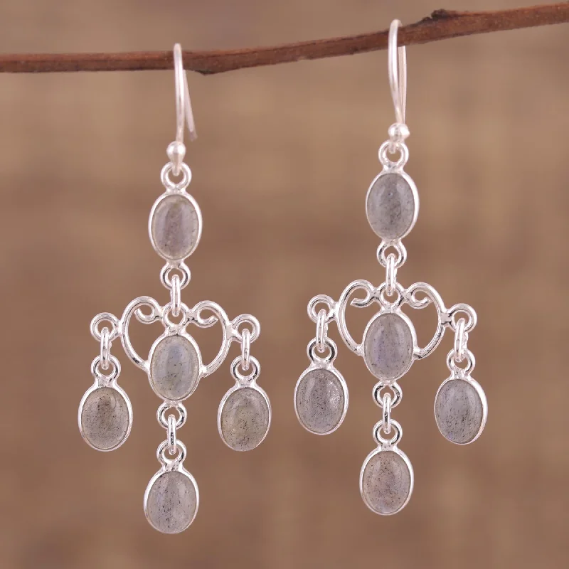 Tarnish Resistant Drop Earrings for Longevity -Majestic Cascade Oval Labradorite Chandelier Earrings from India