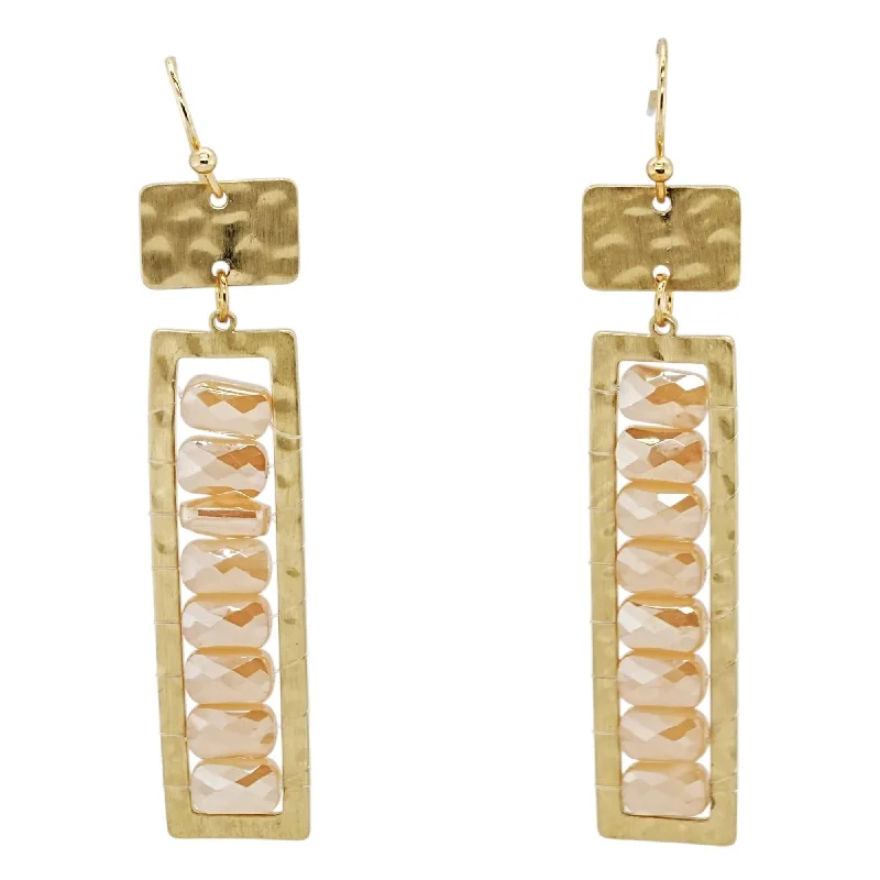 Drop Earrings with Wave Designs -Gold Tone Bar With Blush Beads Drop Earrings