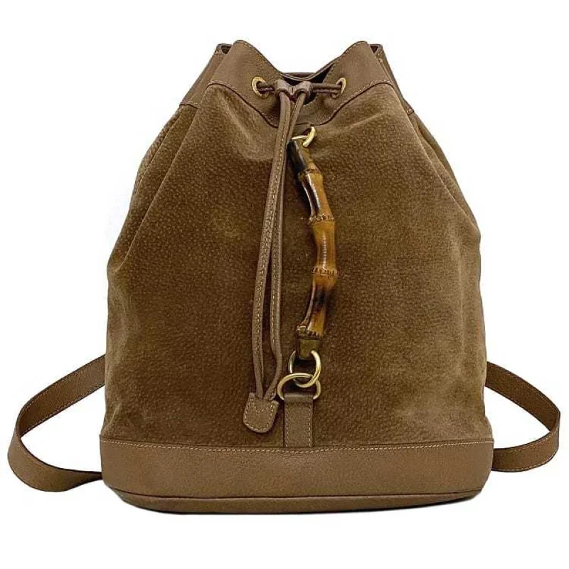 Handle bags with drawstring accents for style -Gucci  Bamboo Leather Suede Backpack (Pre-Owned)