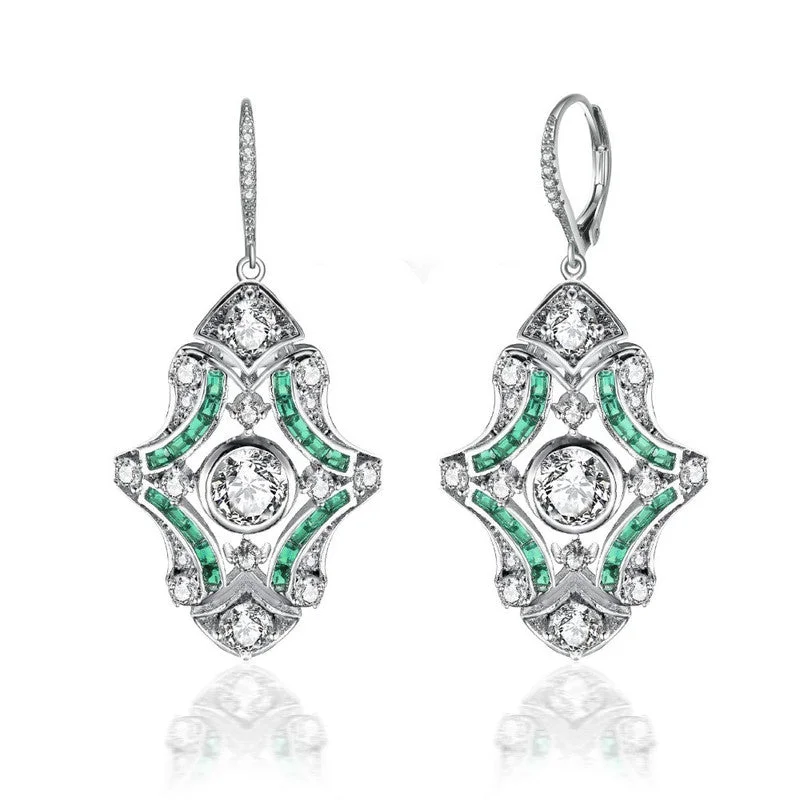 Floral Drop Earrings with Petals -Sterling Silver White Gold Plated with Colored Cubic Zirconia Art Deco Lever Back Earrings