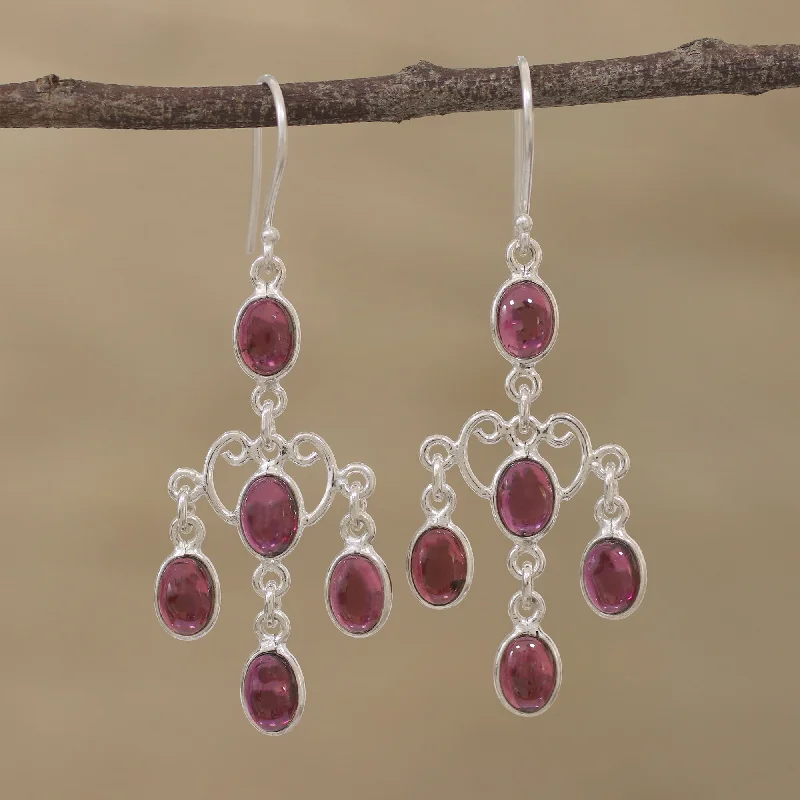 Hypoallergenic Drop Earrings for Sensitive -Majestic Cascade Oval Garnet Chandelier Earrings from India