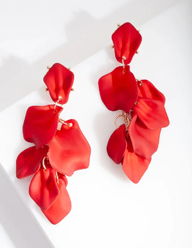 Animal Print Drop Earrings for Fun -Red Coated Metal Petal Drop Earrings