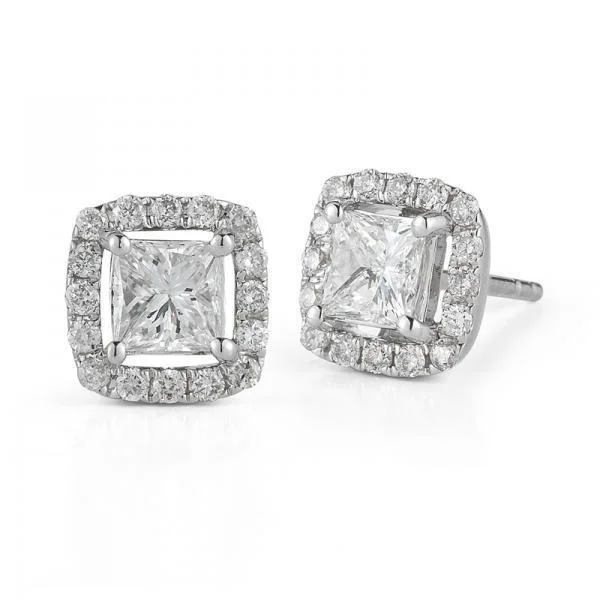 Best hoop earrings with intricate beaded details for a textured, stylish appearance-14KT WHITE GOLD 1 CTW PRINCESS CUT DIAMOND HALO EARRINGS