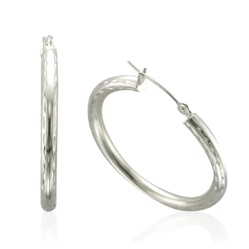 Hoop earrings with leather accents for a sleek and bold combination-14KT White Gold Diamond Cut Hoop Earrings