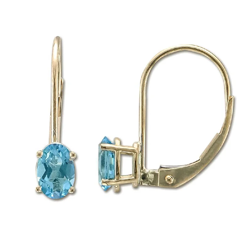 Hoop earrings with polished silver finish for a shiny, modern appeal-14KT YELLOW GOLD 1.00 CTW OVAL BLUE TOPAZ LEVERBACK EARRINGS