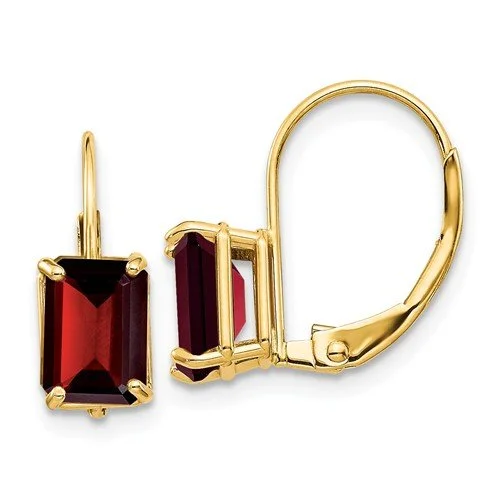 Hoop earrings with gold accents for a warm, elegant statement piece-14KT YELLOW GOLD 2.50 CTW EMERALD CUT GARNET LEVERBACK EARRINGS