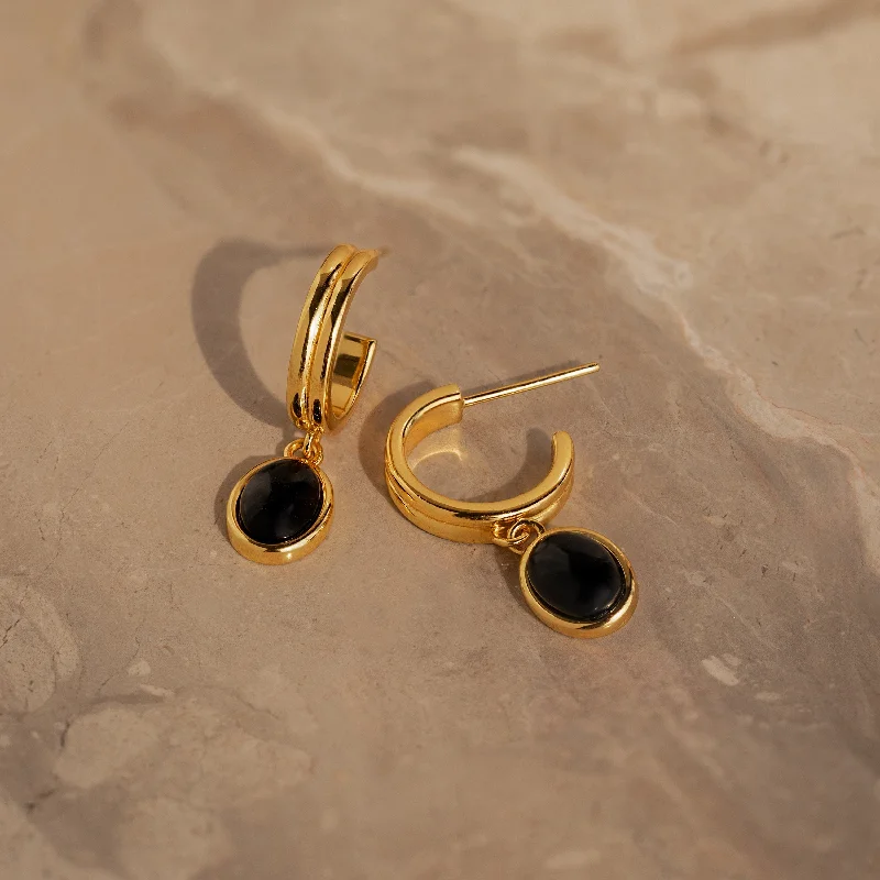 Hoop earrings with twisted metal designs for a dynamic and modern style-Black Gemstone Drop Hoops