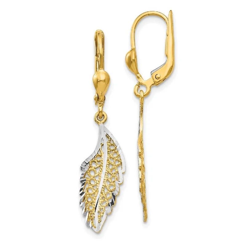 Hoop earrings with rhinestone-studded rims for a glamorous touch-Curata 14k Yellow Gold and Rhodium 37x5mm Textured Leaf Lever back Earrings