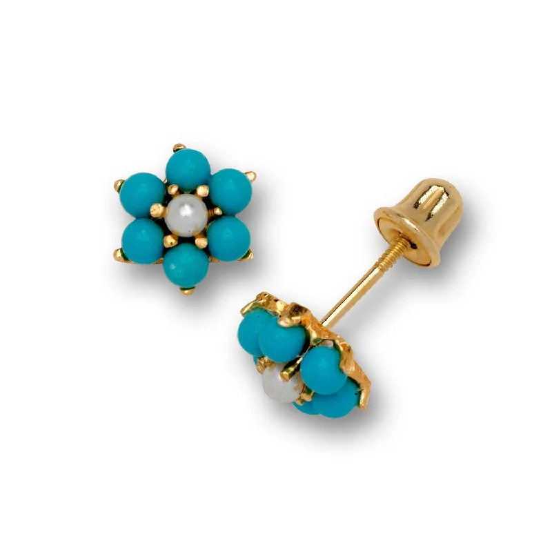 Best hoop earrings with detachable studs for a versatile and adjustable accessory-Curata 14k Yellow Gold Created Turquoise Pearl Flower Stud Screw Back Earrings - Blue