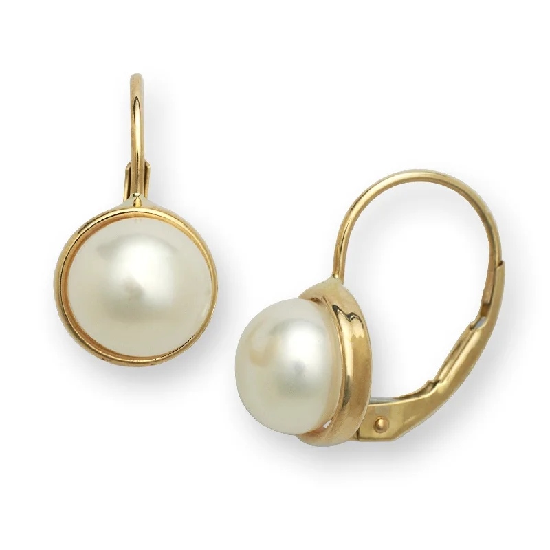 Hoop earrings with enamel stripes for a colorful and eye-catching design-Curata 14k Yellow or White Gold 8mm Freshwater Cultured Pearl Bezel-set Dangle Lever Back Earrings