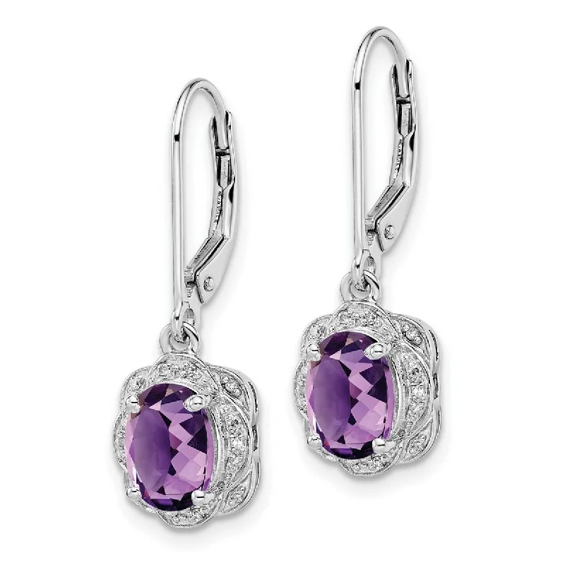 Hoop earrings with leather accents for a sleek and bold combination-Curata 925 Sterling Silver Dangle Polished Open back Leverback Diamond Amethyst Earrings Measures 28x9mm Wide