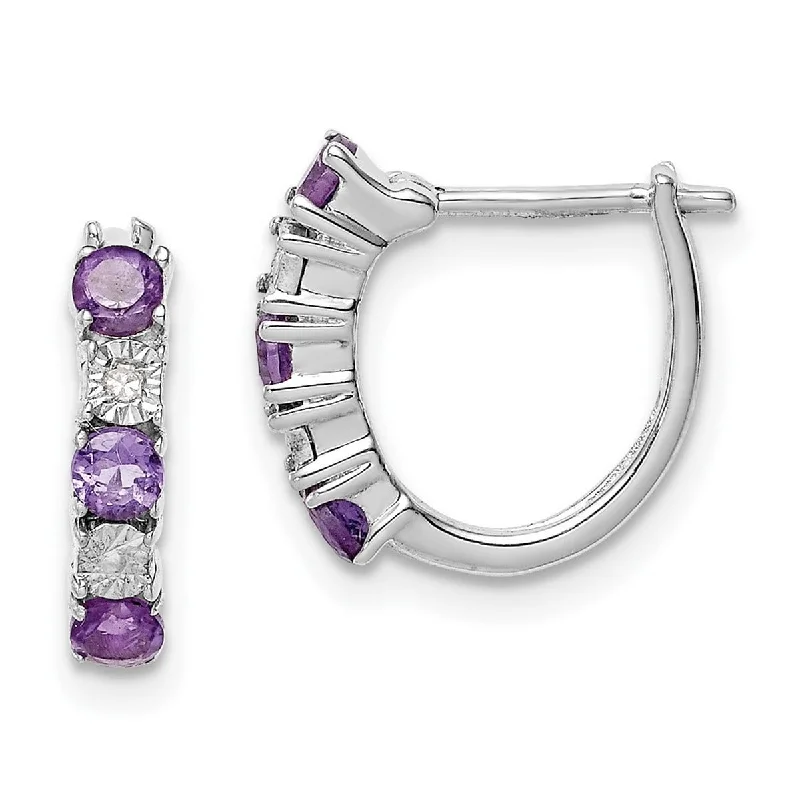 Medium hoop earrings for an everyday look with the perfect balance of style-Curata 925 Sterling Silver Polished Open back Hinged post Amethyst and Diamond Earrings Measures 12x12mm Wide 3mm Thick