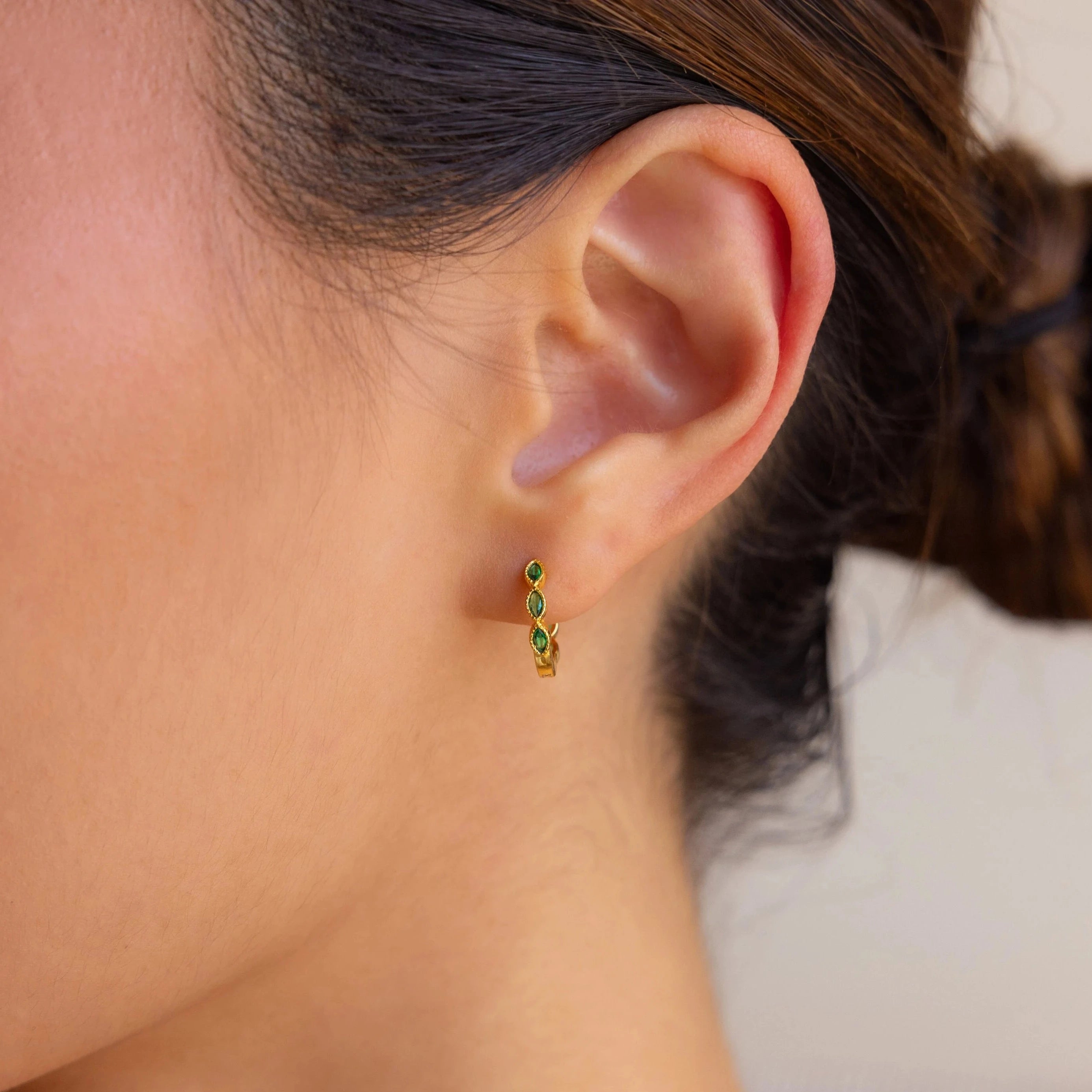 Hoop earrings with rhinestone-studded rims for a glamorous touch-Emerald Marquise Inlay Huggies