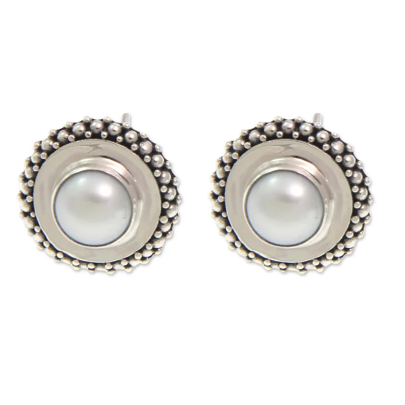 Hoop earrings with twisted metal designs for a dynamic and modern style-Handmade Sterling Silver 'Moonlight Halo' Pearl Earrings (7-7.5mm) (Indonesia)