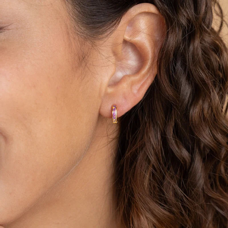 Hoop earrings with enamel stripes for a colorful and eye-catching design-Lavender Opal Inlay Huggies