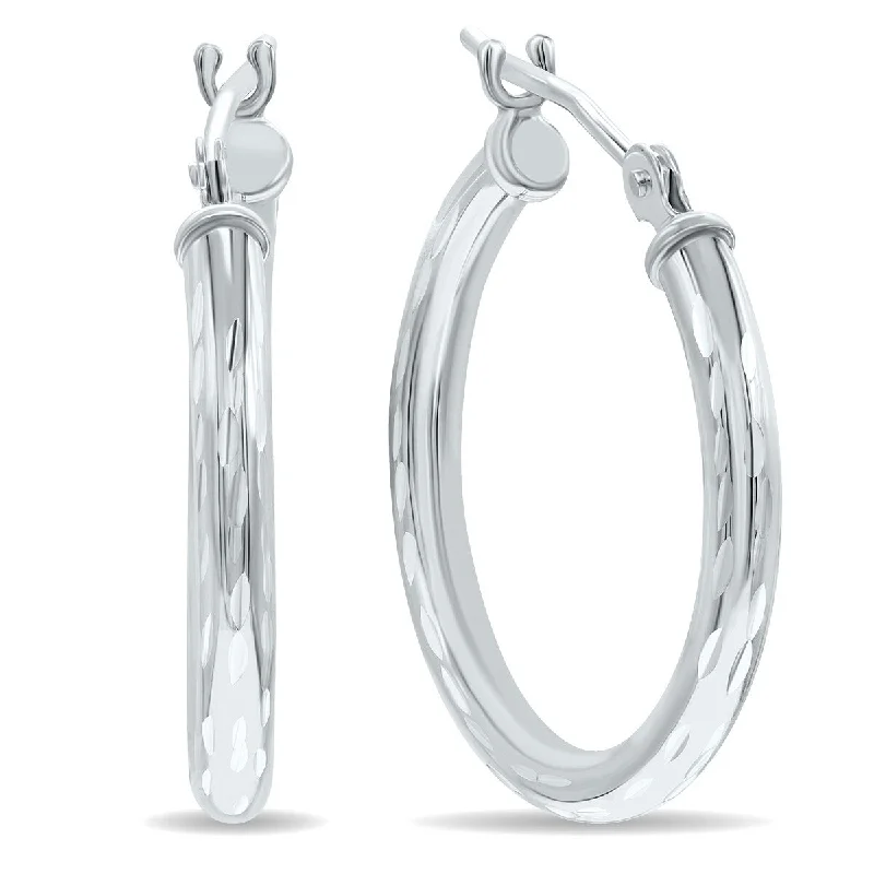 Hoop earrings with floral motifs for a feminine and nature-inspired look-Marquee Jewels 10K White Gold Shiny Diamond Cut Engraved Hoop Earrings (20mm)