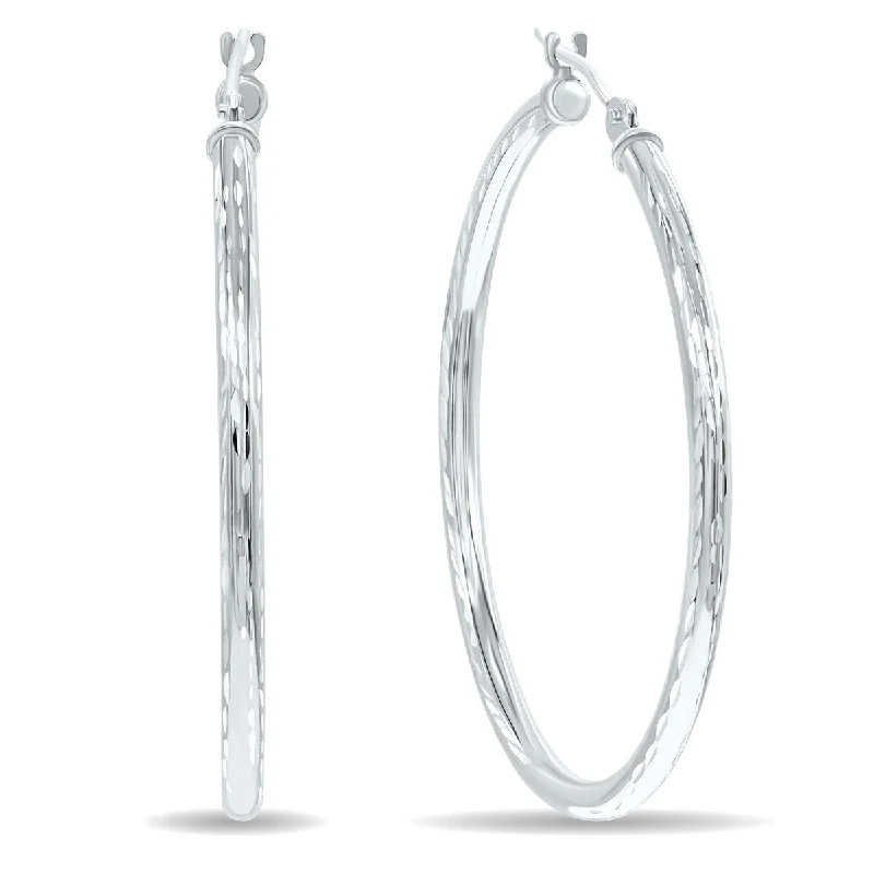 Best hoop earrings with braided leather for a rustic, stylish finish-Marquee Jewels 14K White Gold Shiny Diamond Cut Engraved Hoop Earrings (35mm)