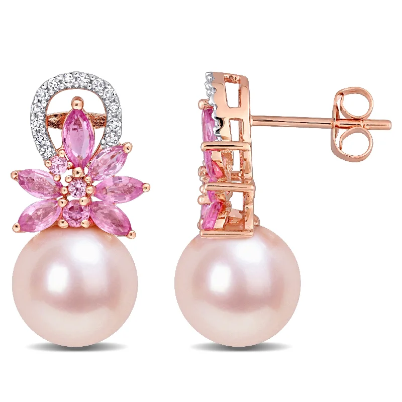 Hoop earrings with abstract shapes for an artistic and creative touch-Miadora 1/8 CT Diamond Sapphire Pink Freshwater Cultured Pearl Earrings 14k Pink Gold