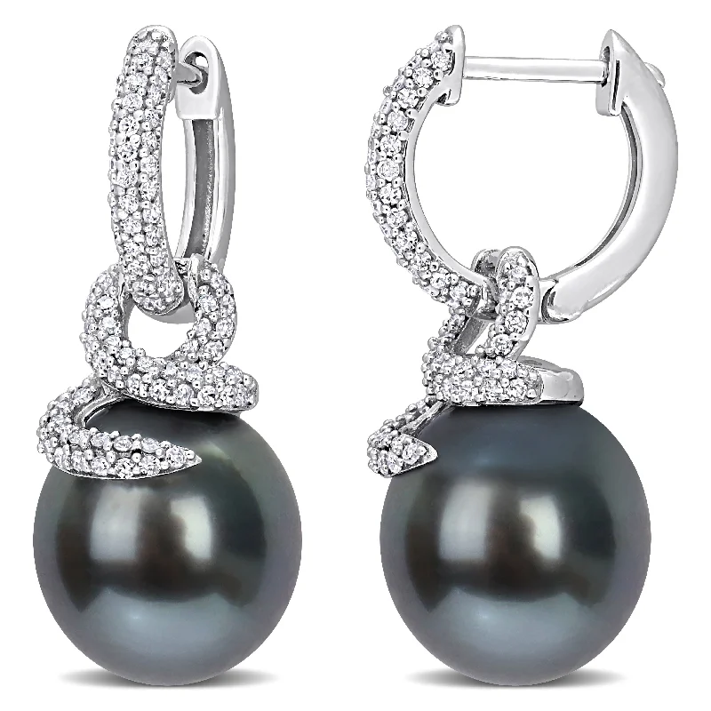 Best hoop earrings with vintage rhinestone embellishments for a retro-glam effect-Miadora 10-11mm Black Tahitian Cultured Pearl and 1/2 CT TW Diamond Twisted Huggie Earrings in 14k White Gold