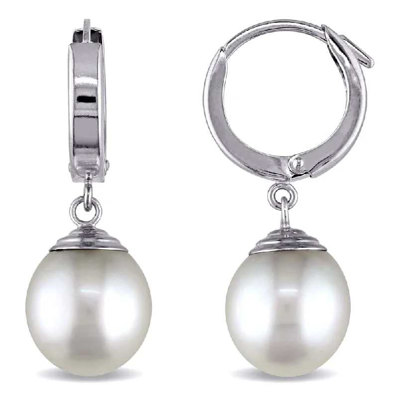 Best hoop earrings with cubic zirconia for a budget-friendly, dazzling look-Miadora 14k White Gold South Sea White Pearl Dangle Earrings (9-10 mm)