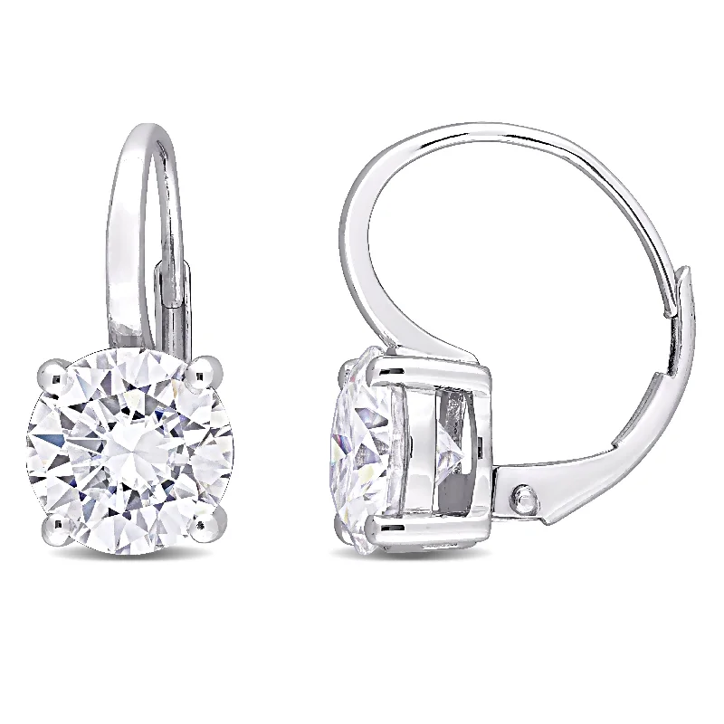 Classic hoop earrings with a thin profile for a sleek and subtle style-Miadora 4ct DEW Moissanite Solitaire Leverback Earrings in 14k White Gold - 15 mm x 8.1 mm x 13.6 mm