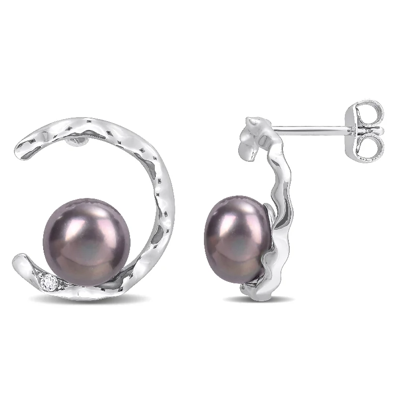 Best hoop earrings with intricate beaded details for a textured, stylish appearance-Miadora 7.5-8mm Black Cultured Freshwater Pearl and White Topaz Open Wave Earrings in Sterling Silver