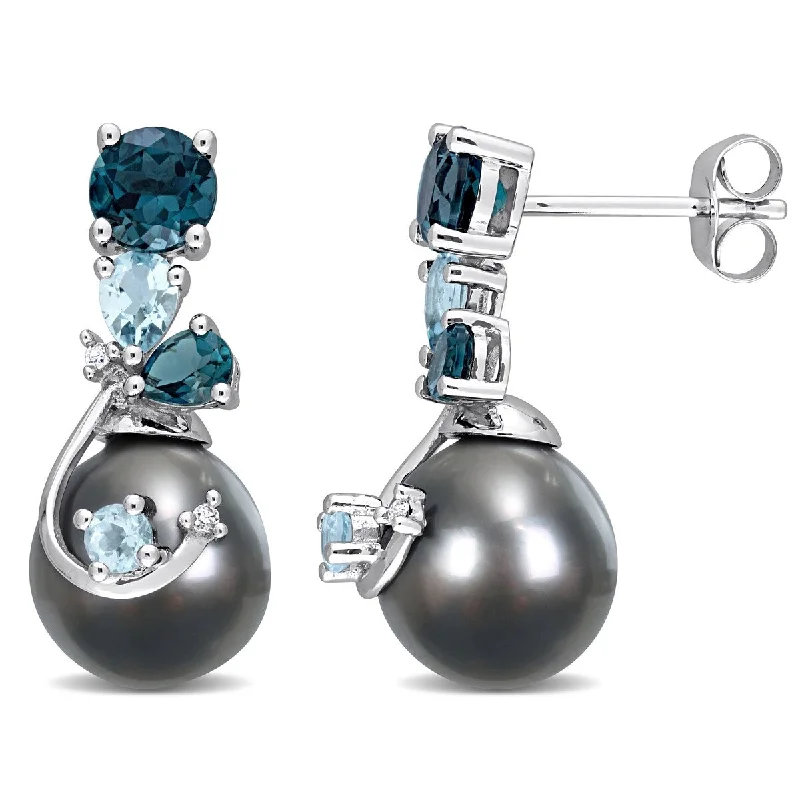 Best hoop earrings with detachable studs for a versatile and adjustable accessory-Miadora 9-10mm Black Tahitian Cultured Pearl 2ct TGW London Sky Blue Topaz Diamond Accent Earrings in 14k White Gold