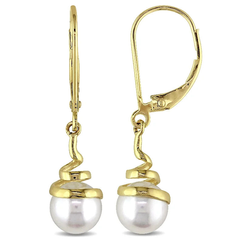 Best hoop earrings with crescent-shaped designs for a bold, moon-inspired style-Miadora Cultured Freshwater Pearl Spiral Leverback Earrings in 10k Yellow Gold