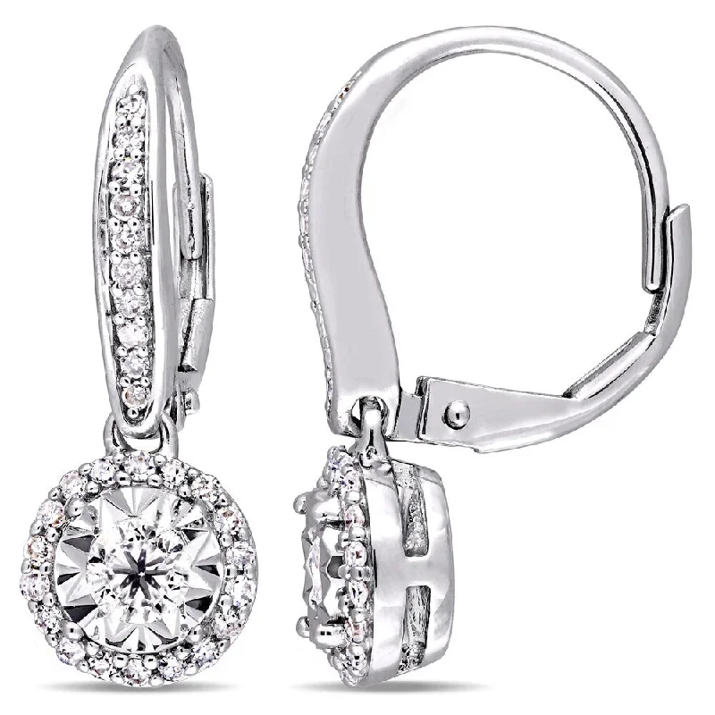 Hoop earrings with cut-out designs for a creative and lightweight effect-Miadora Signature Collection Sterling Silver 1/2ct TDW Diamond Round Halo Leverback Earrings - White