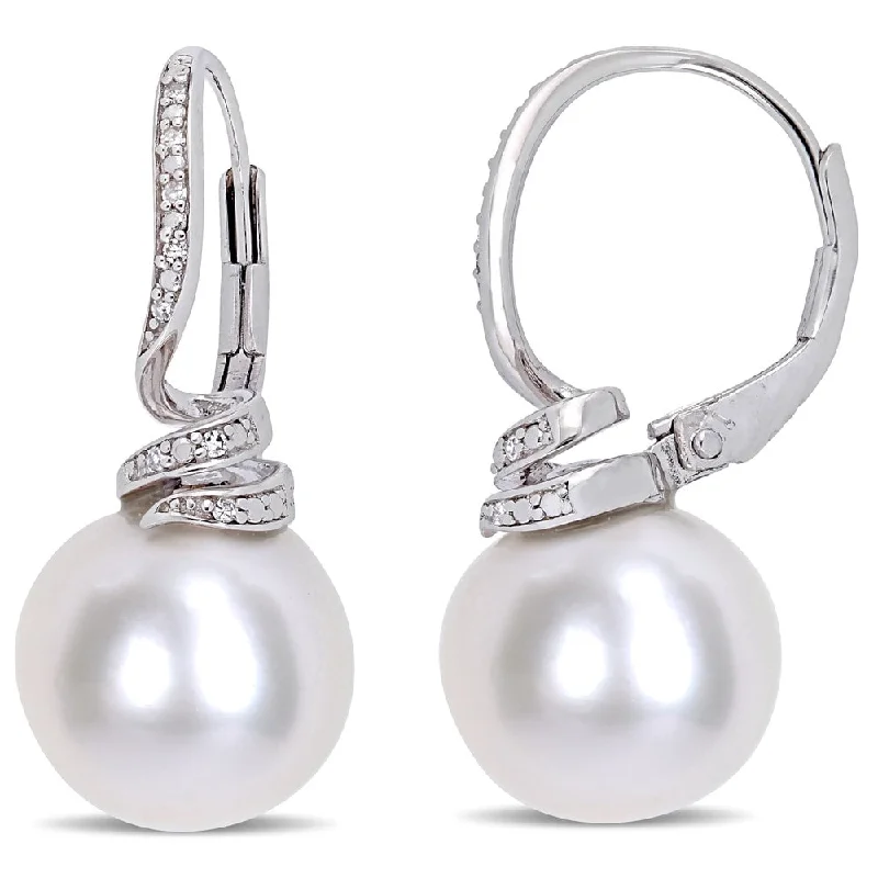 Lightweight hoop earrings for comfortable and all-day wear-Miadora Sterling Silver Cultured Freshwater Pearl Diamond Swirl Leverback Earrings (11-12mm)