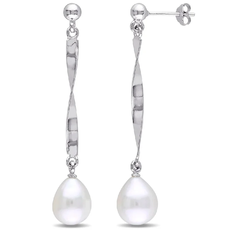 Hoop earrings with braided patterns for a detailed and textured finish-Miadora Sterling Silver Cultured Freshwater Pearl Twist Dangle Earrings (9-9.5 mm)